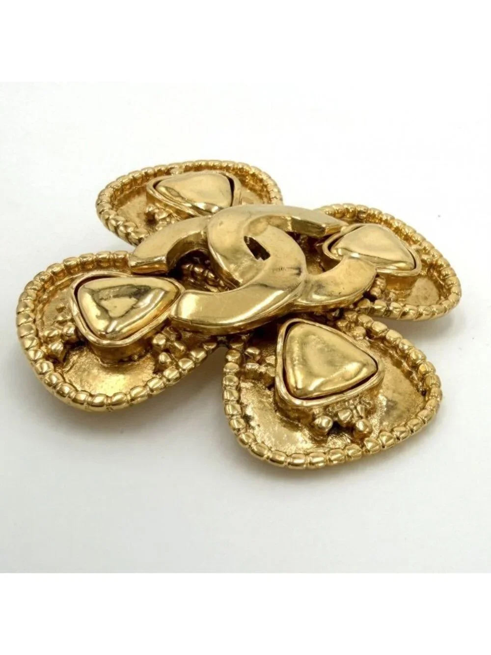 Chanel Brooch Clover CC Logo Vintage Gold Plated